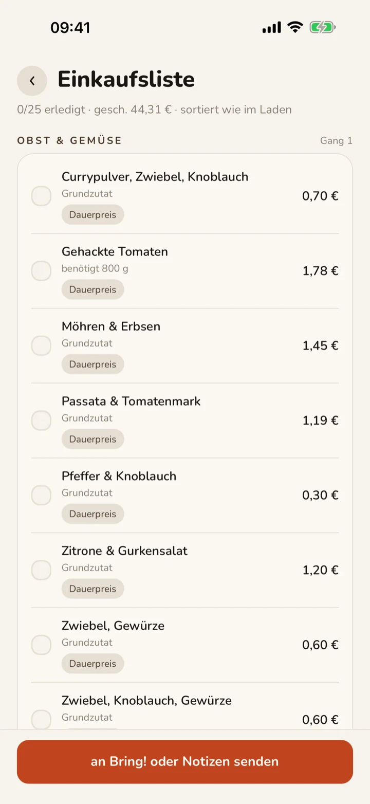Einkaufslisten-Screen mit abhakbaren Artikeln