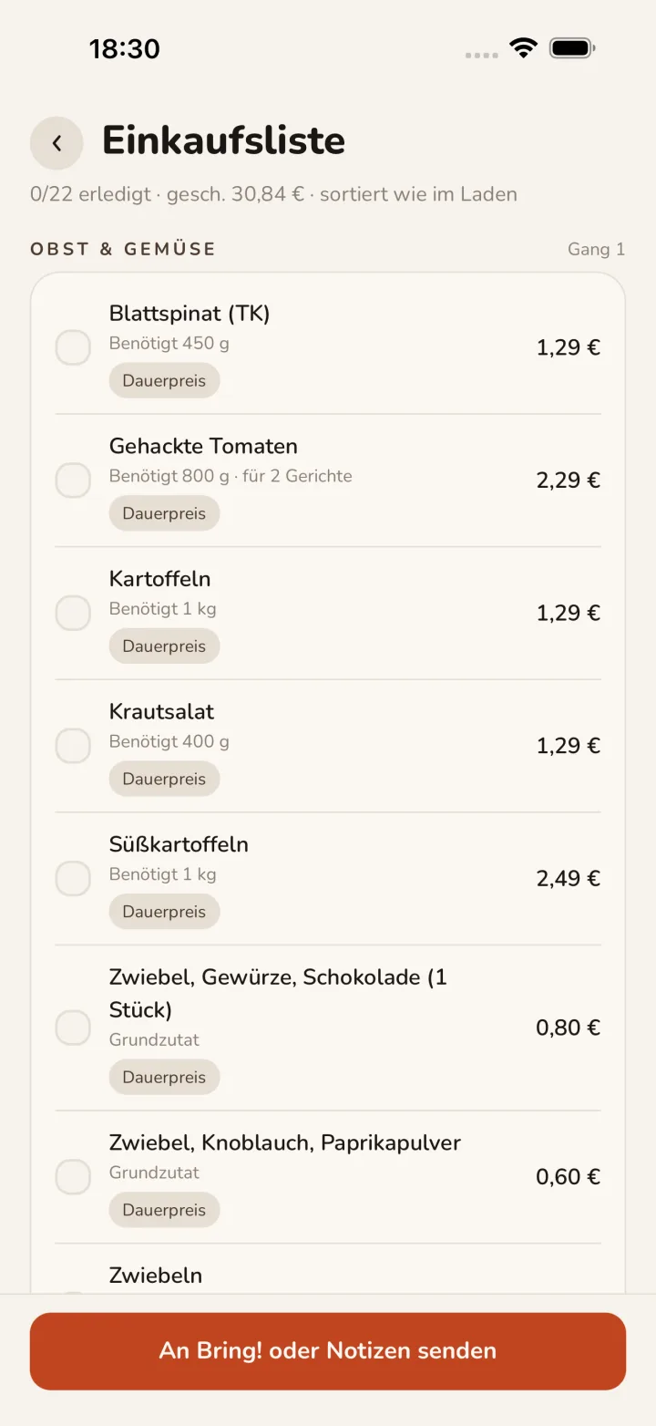 Einkaufslisten-Screen mit abhakbaren Artikeln