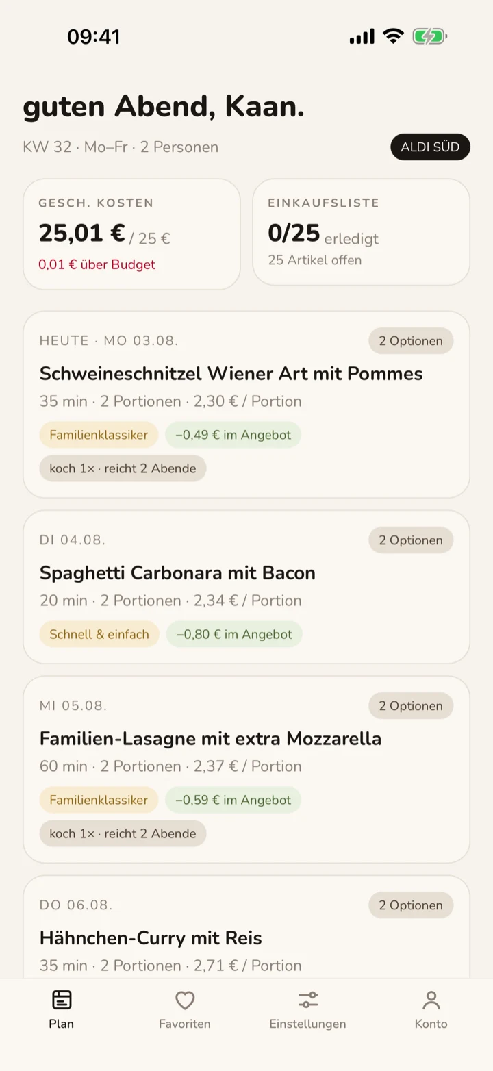 Abendly Wochenplan: 5 Abendessen mit echten Preisen und Angebots-Rabatten