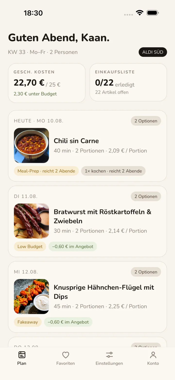 Wochenplan-Screen der Abendly-App