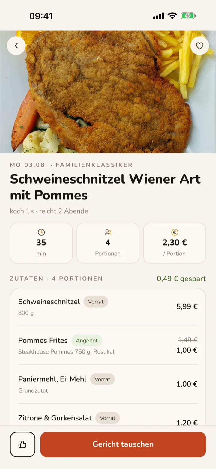 Rezept-Screen mit Zutaten und Angebots-Preisen