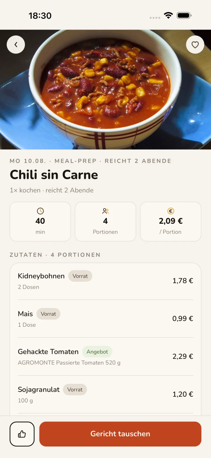 Rezept-Screen mit Zutaten und Angebots-Preisen