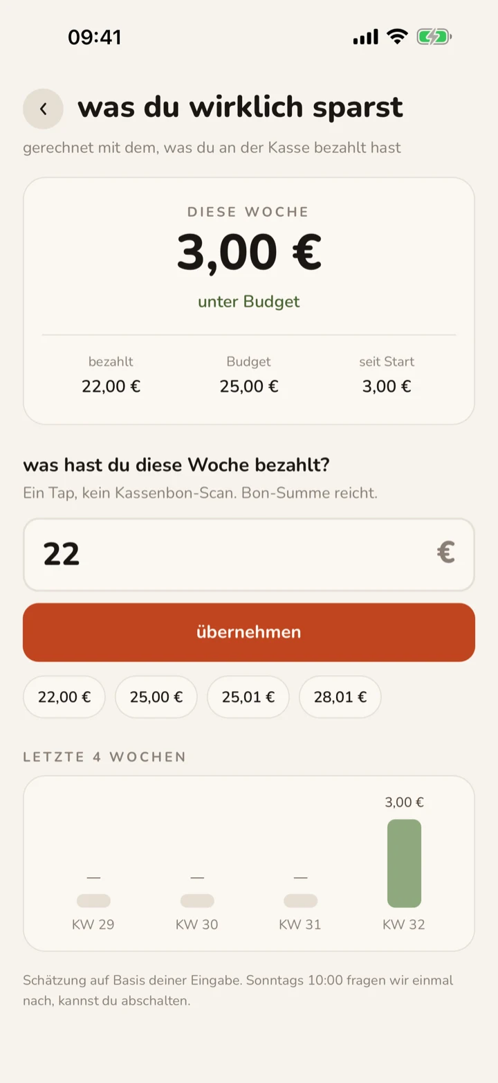 Sparstand-Screen mit Wochenbilanz