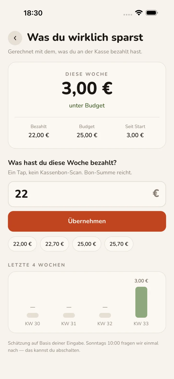Sparstand-Screen mit Wochenbilanz